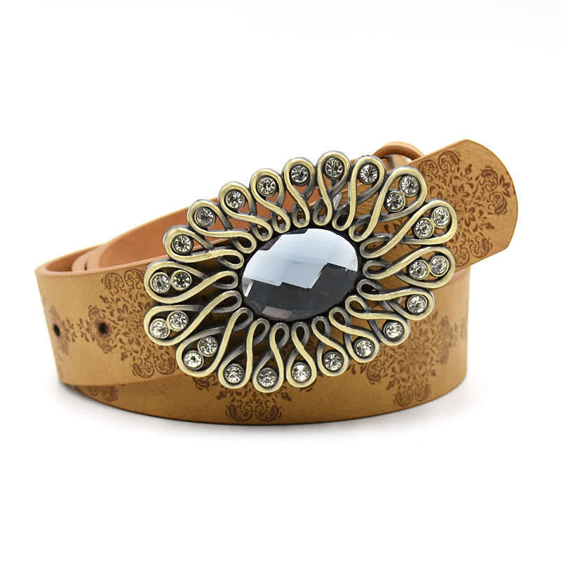 Women's Artificial Crystal Hollow Flower Buckle Leather Belt