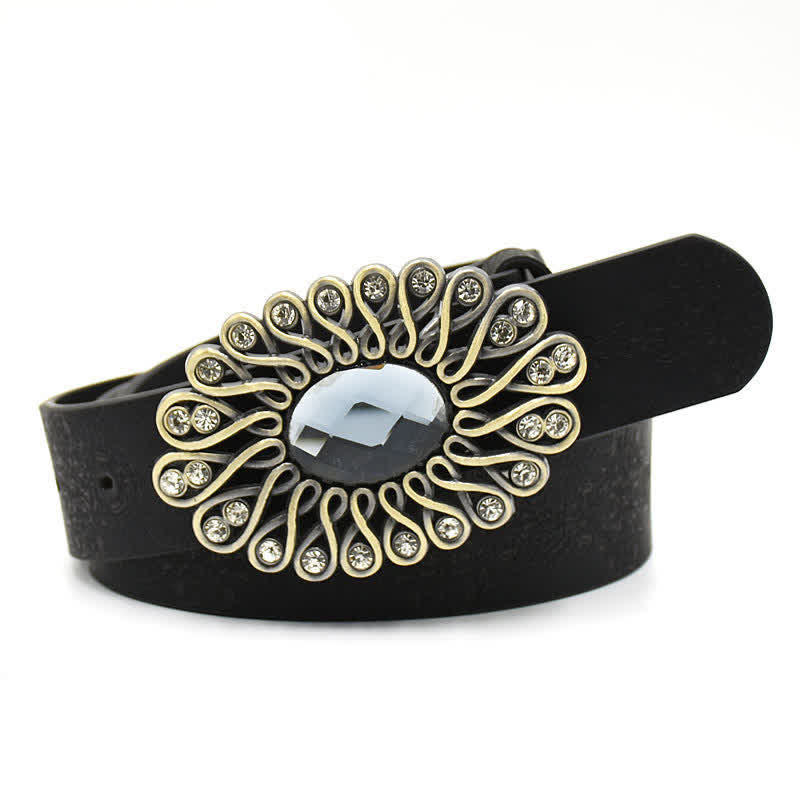 Women's Artificial Crystal Hollow Flower Buckle Leather Belt