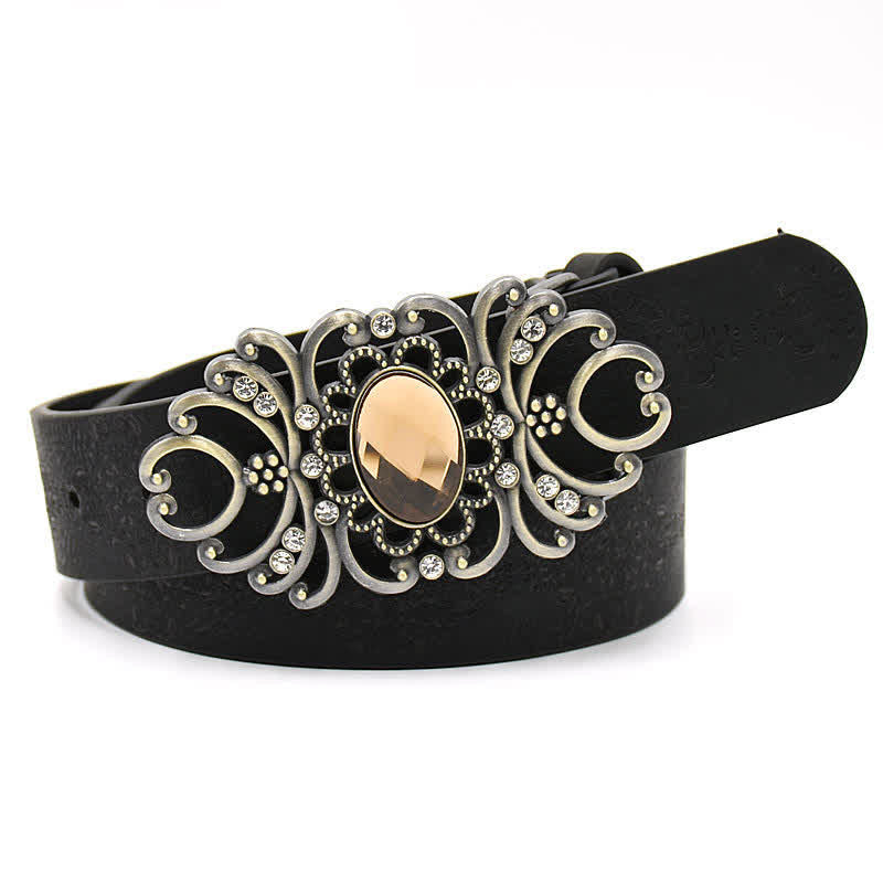 Women's Artificial Crystal Hollow Flower Buckle Leather Belt