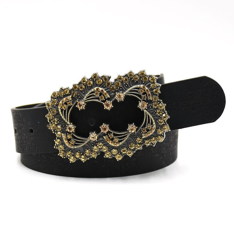 Women's Artificial Crystal Hollow Flower Buckle Leather Belt