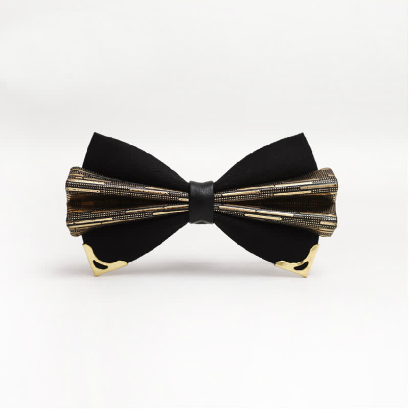 Men's Moire Pattern Double Layer PU Golden Tipped Bow Tie