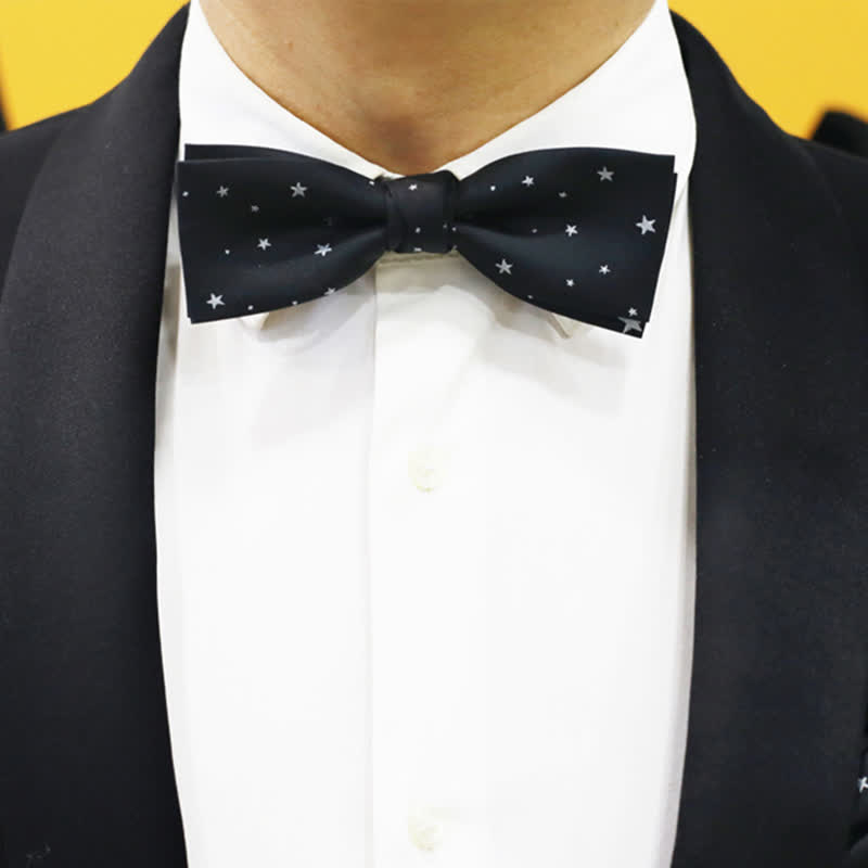 Men's White Stars Double Layered Black Bow Tie