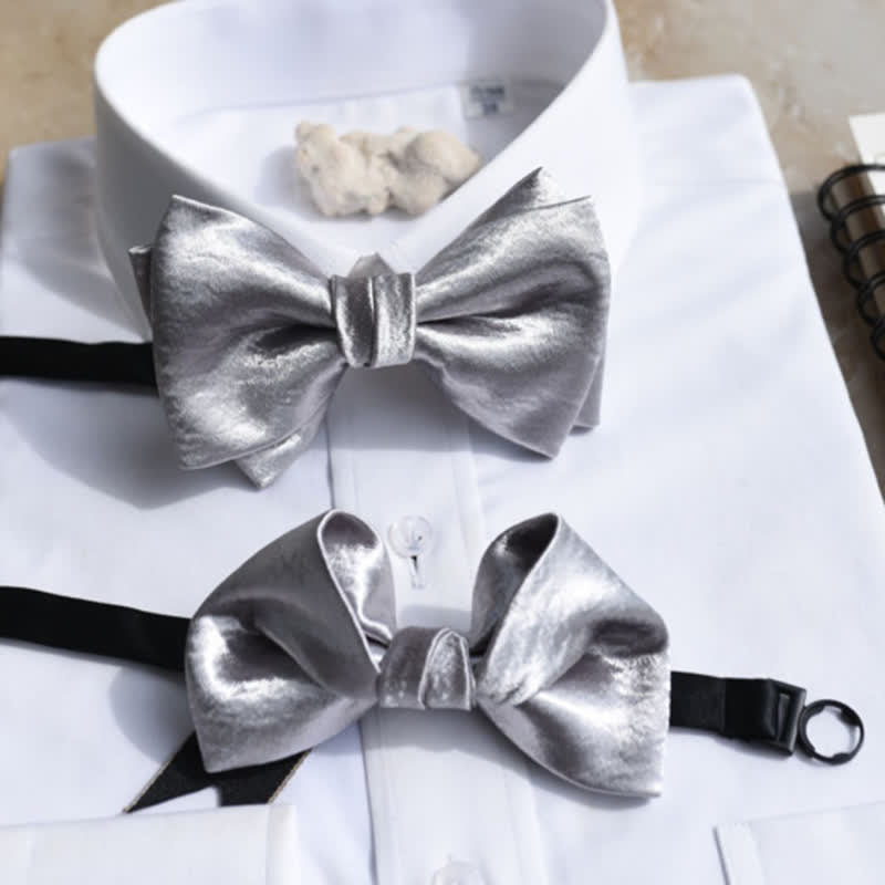 Men's Trendy Glossy Silver Gray Double Layered Bow Tie