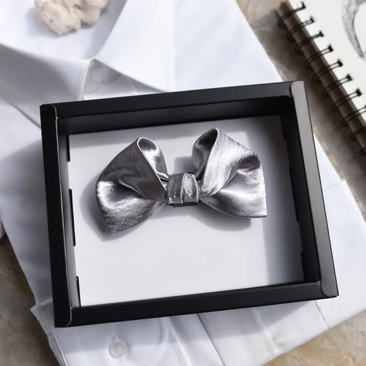 Men's Trendy Glossy Silver Gray Double Layered Bow Tie