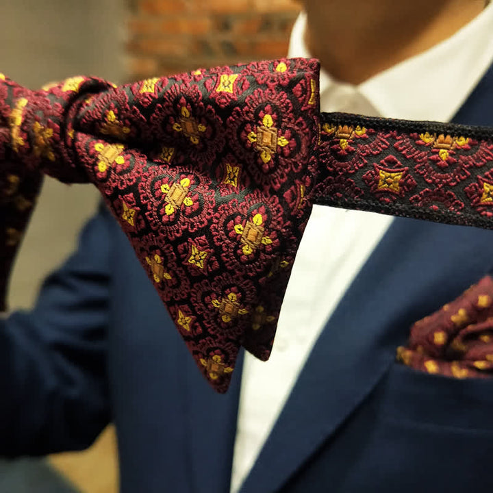 Men's Dark Red & Gold Embroidery Oversized Pointed Bow Tie