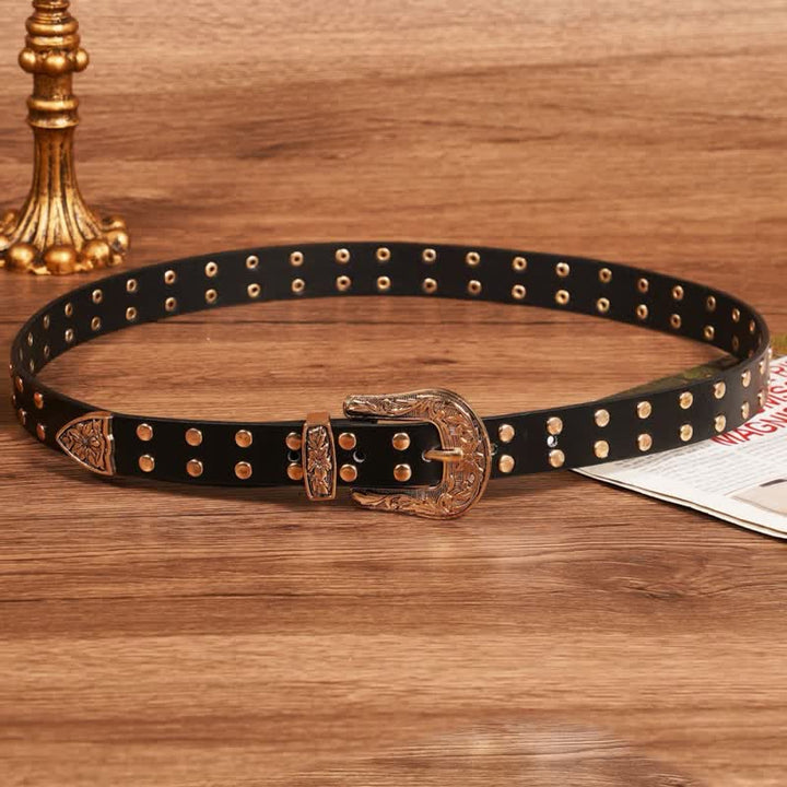 Two Row Gold Rivet Studded Carved Floral Leather Belt