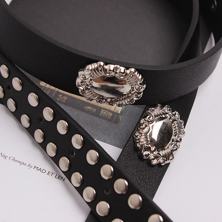 Women's Edgy Silver Rivets Carved Floral Leather Belt