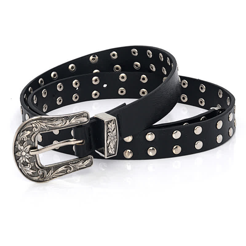 Women's Double Row Studded Rivets PU Leather Belt