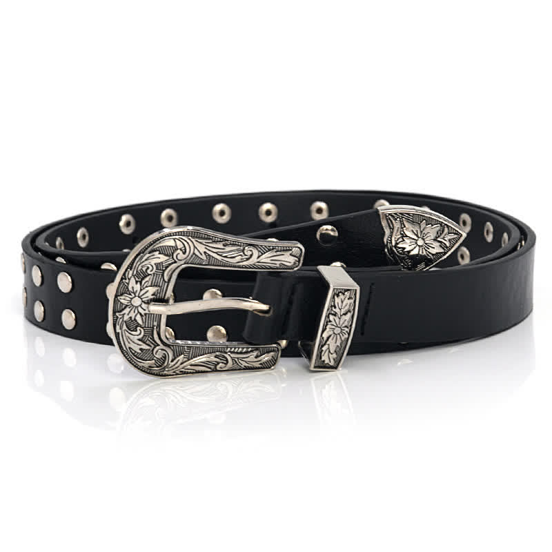 Women's Double Row Studded Rivets PU Leather Belt