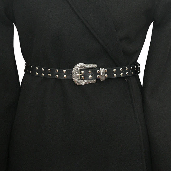 Women's Double Row Studded Rivets PU Leather Belt