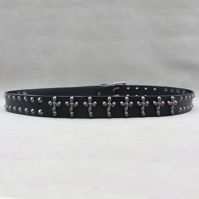 Cross Shape Skull Heads Rivets Double Pin Leather Belt