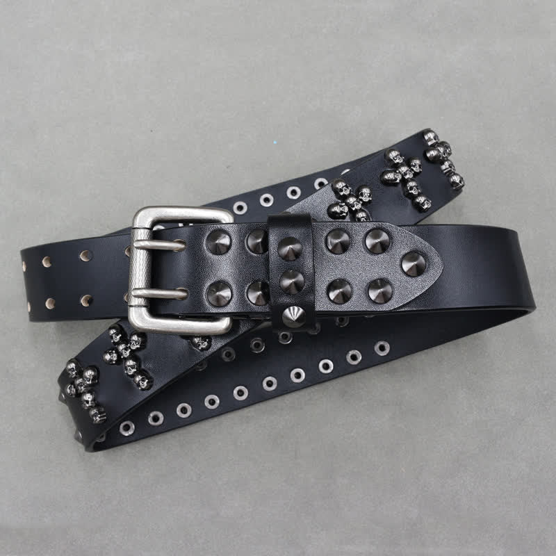 Cross Shape Skull Heads Rivets Double Pin Leather Belt