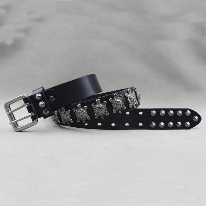 Three-Dimensional Metal Turtle Rivets Double Pin Leather Belt