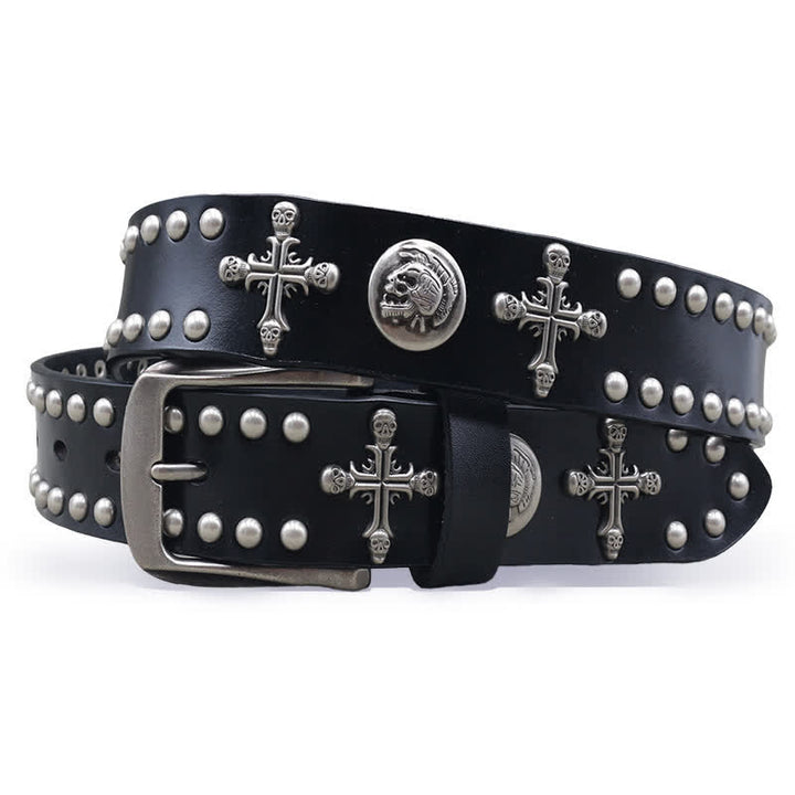 Cross Skull Rivets Double Pin Leather Belt