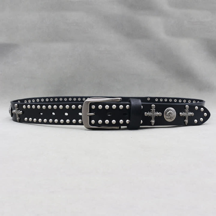 Cross Skull Rivets Double Pin Leather Belt