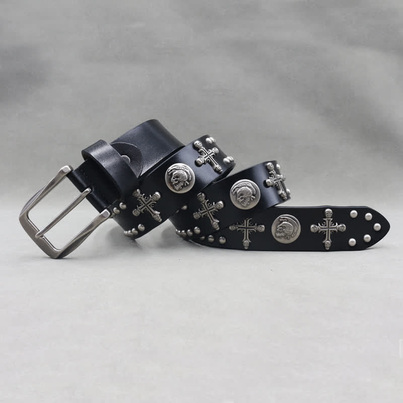 Cross Skull Rivets Double Pin Leather Belt