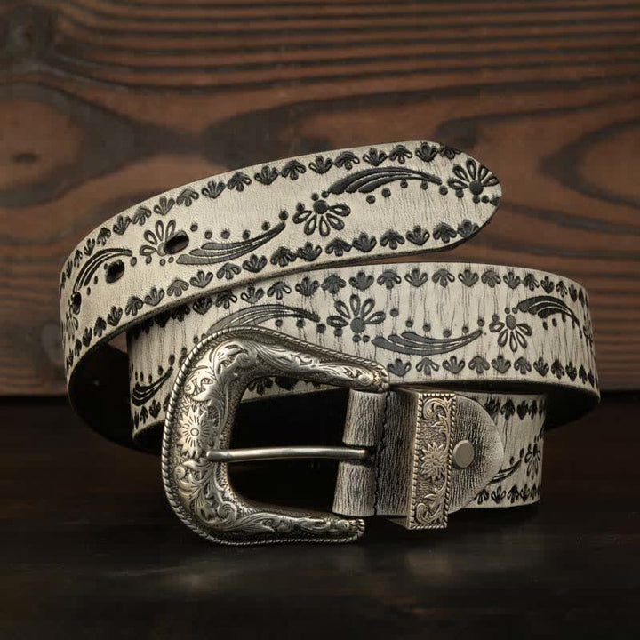 Western Style Floral Engraved Embossed Leather Belt