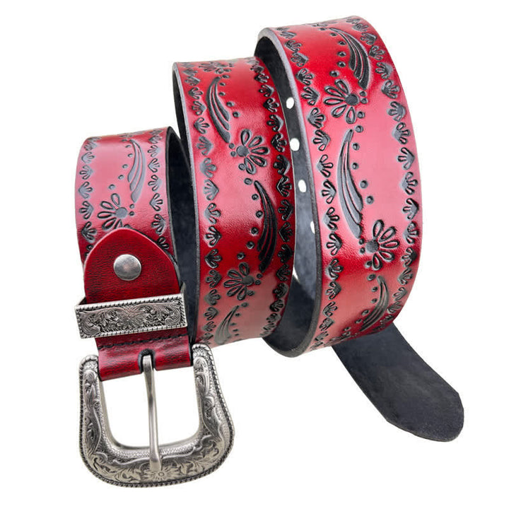 Western Style Floral Engraved Embossed Leather Belt