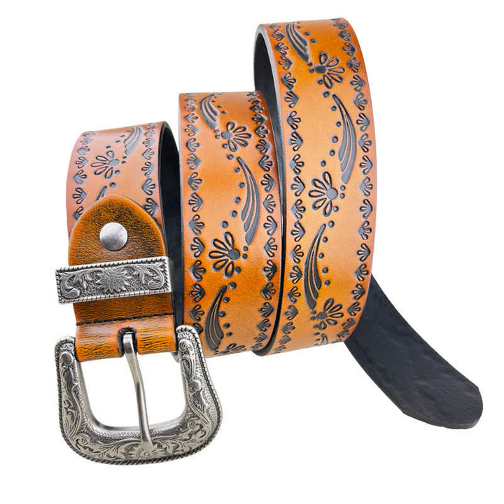 Western Style Floral Engraved Embossed Leather Belt