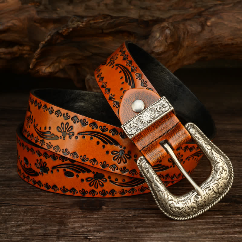 Western Style Floral Engraved Embossed Leather Belt