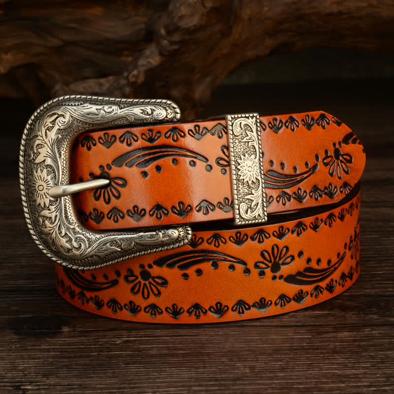 Western Style Floral Engraved Embossed Leather Belt