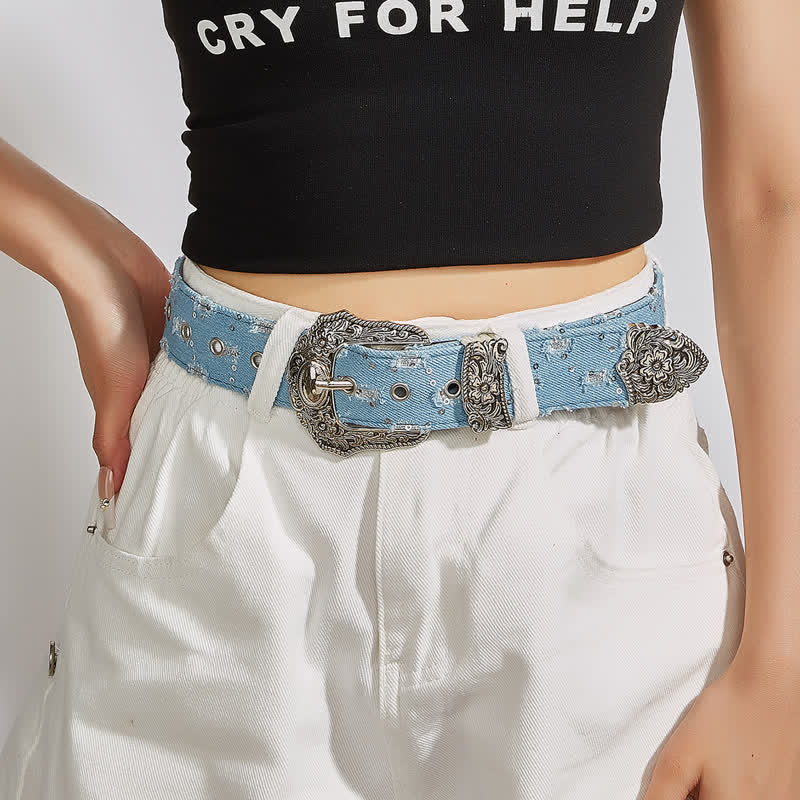 Trendy Unique Engraved Flower Buckle Denim Belt