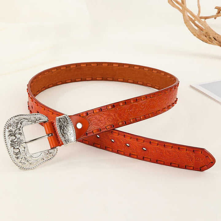 Orange Weave Silver Carved Flower Buckle Leather Belt