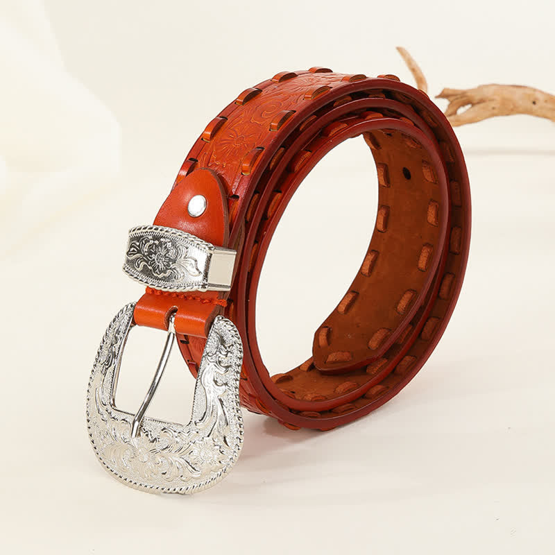 Orange Weave Silver Carved Flower Buckle Leather Belt