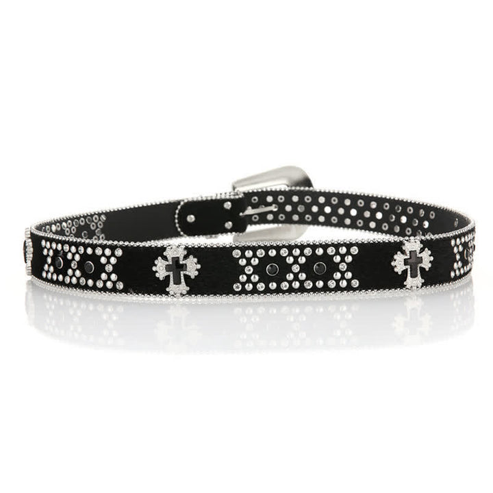 Black Cross Rivet Engraved Buckle Rhinestone Decor Leather Belt