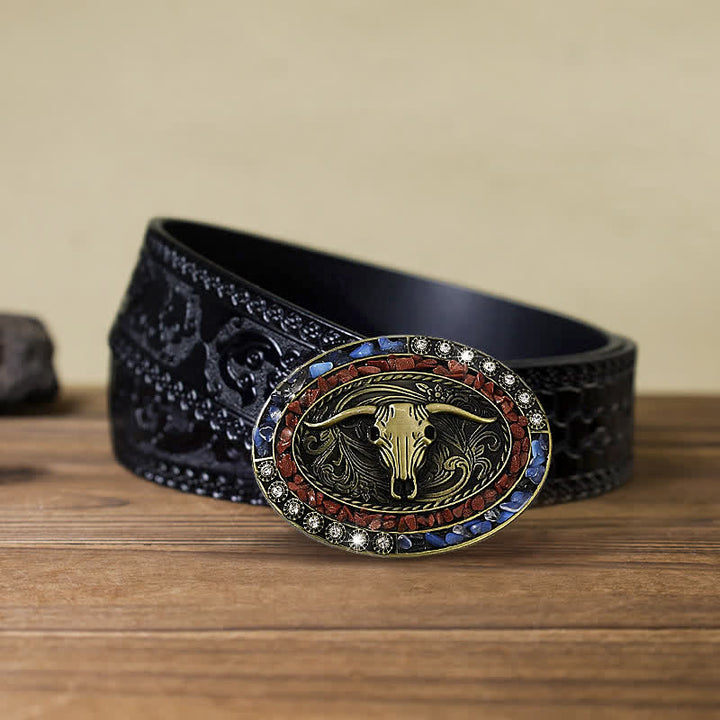 Men's DIY Burgundy & Blue Stones Bull Buckle Leather Belt