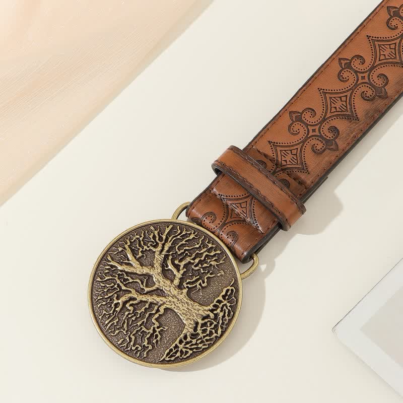 Western Tree of Life Coffee Embossed Leather Belt