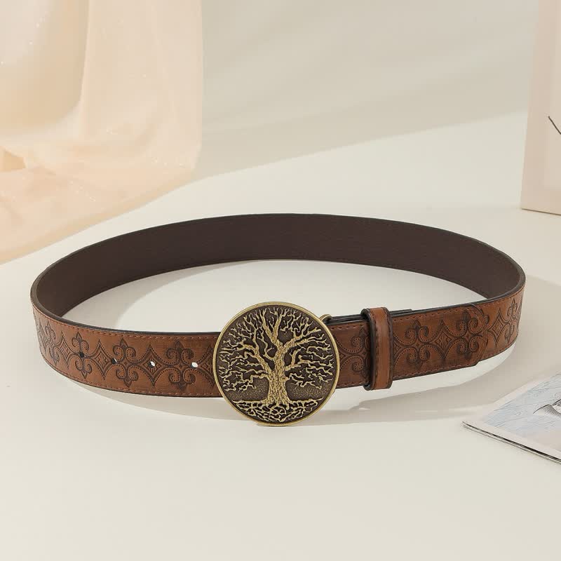 Western Tree of Life Coffee Embossed Leather Belt