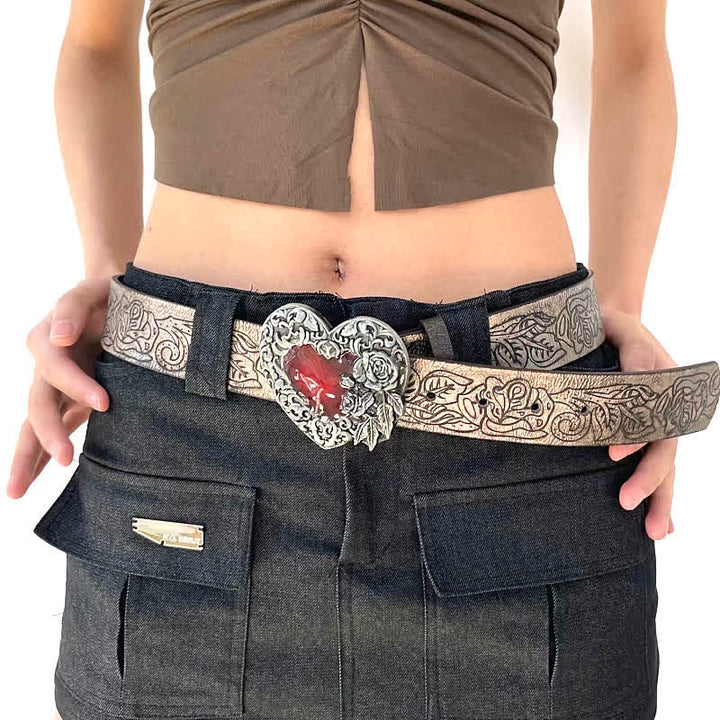 Red Enamel Heart Embossed Rose Pattern Leather Belt