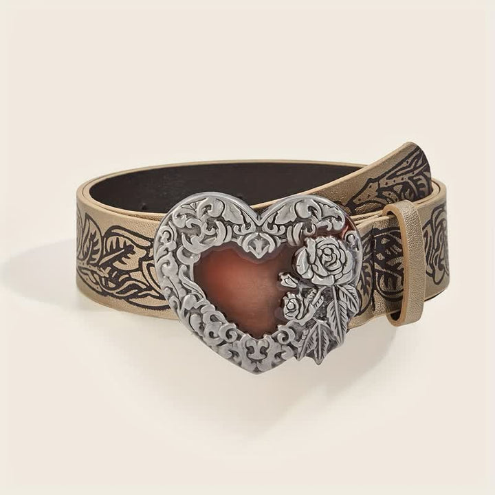 Red Enamel Heart Embossed Rose Pattern Leather Belt