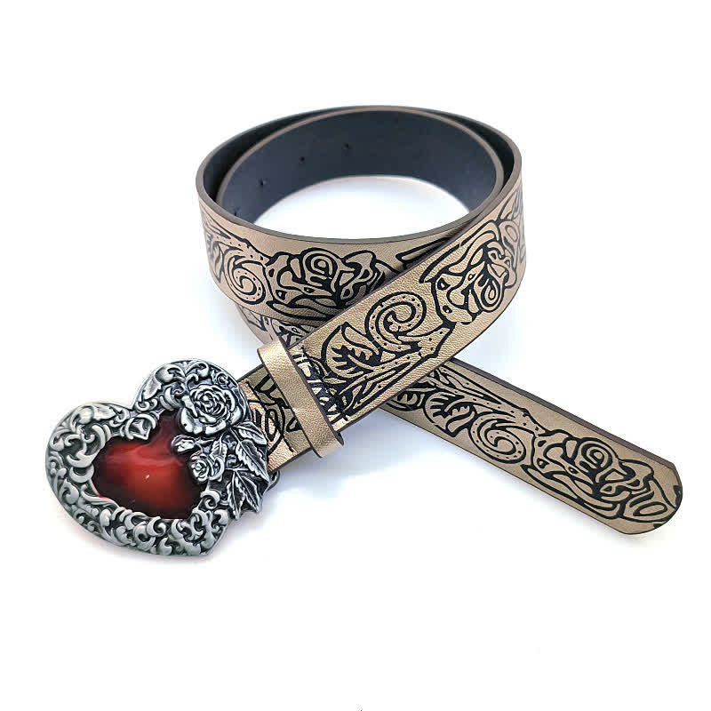 Red Enamel Heart Embossed Rose Pattern Leather Belt