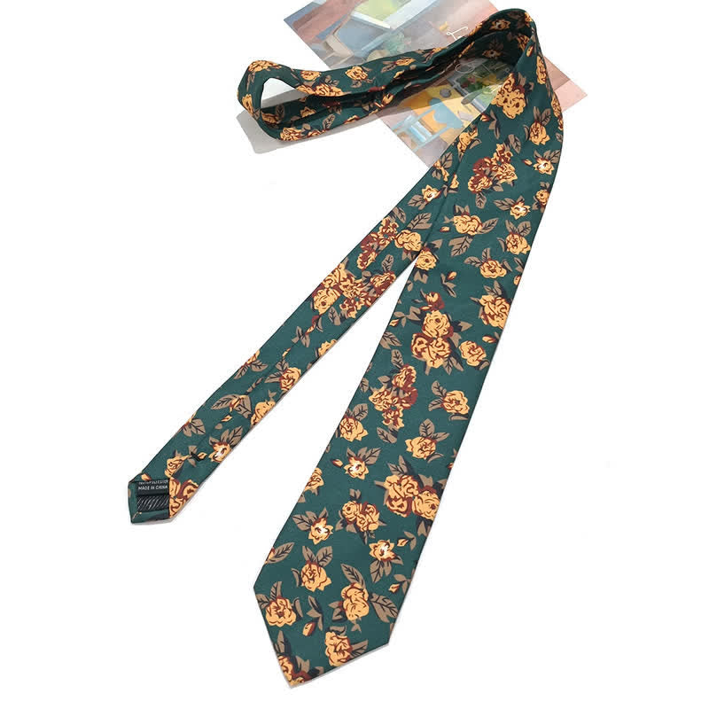 Men's Vintage Dark Green Yellow Flower Print Necktie