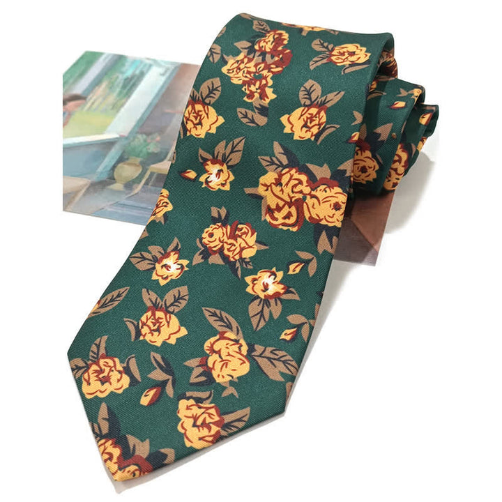 Men's Vintage Dark Green Yellow Flower Print Necktie