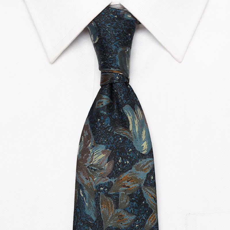 Men's Navy Blue Retro Oil Painting Floral Necktie