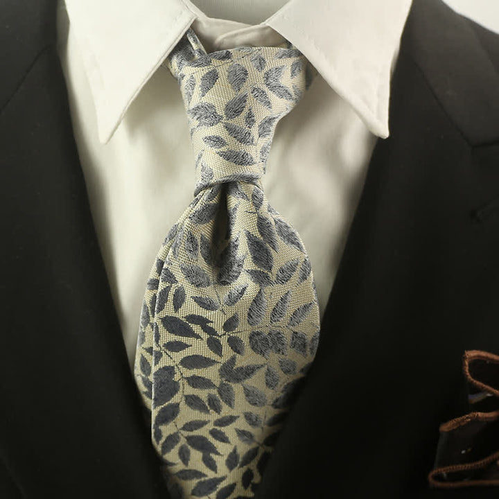 Men's Gray Blue Branch Leaves Printing Necktie