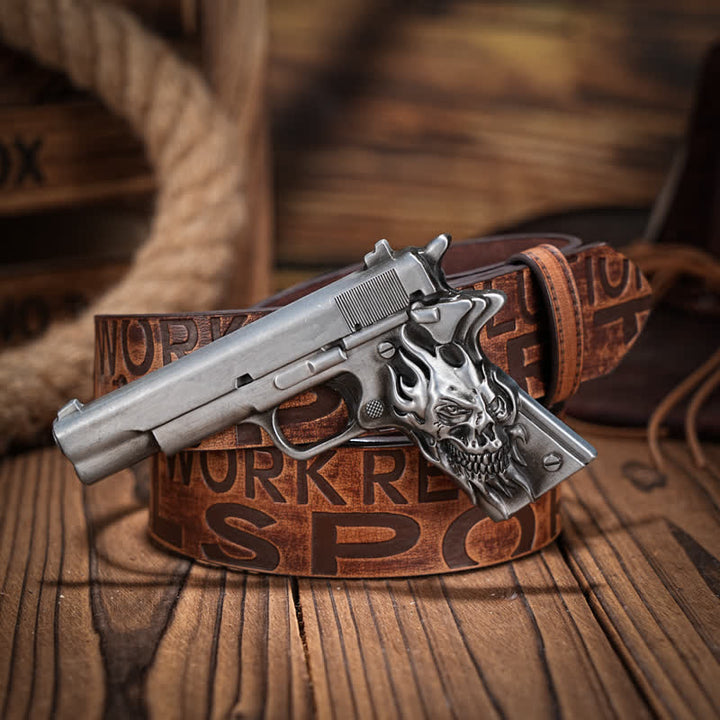 Men's DIY Pistol Gun Flame Skull Buckle Leather Belt