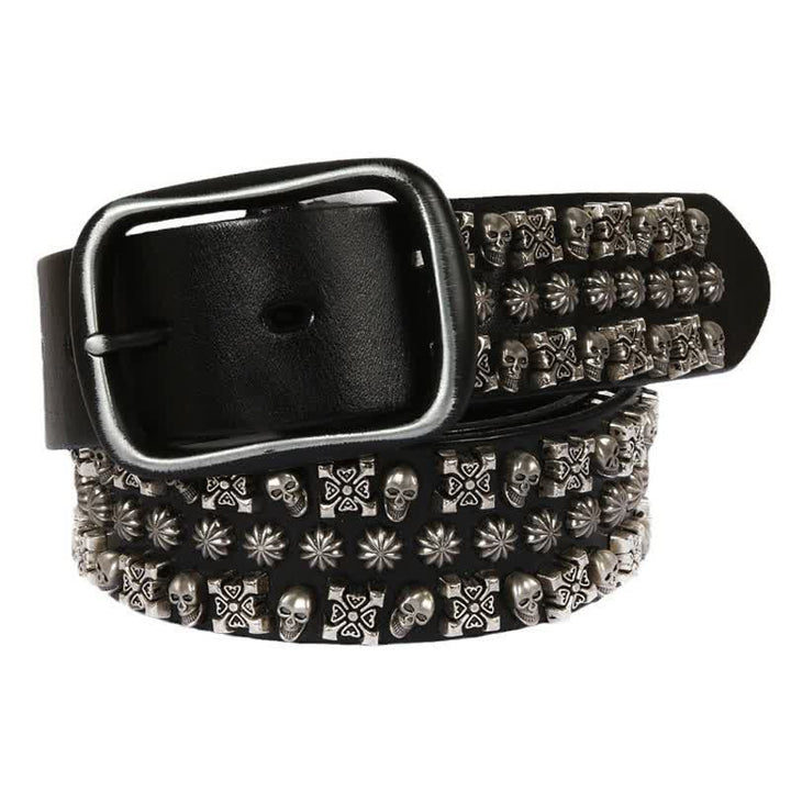 Skulls & Crossbones Three Row Stud Leather Belt