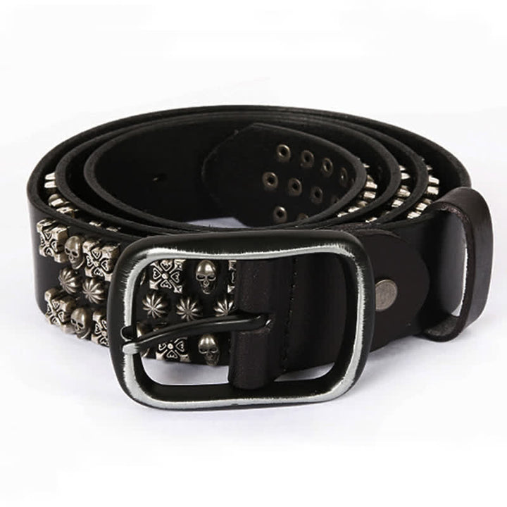 Skulls & Crossbones Three Row Stud Leather Belt