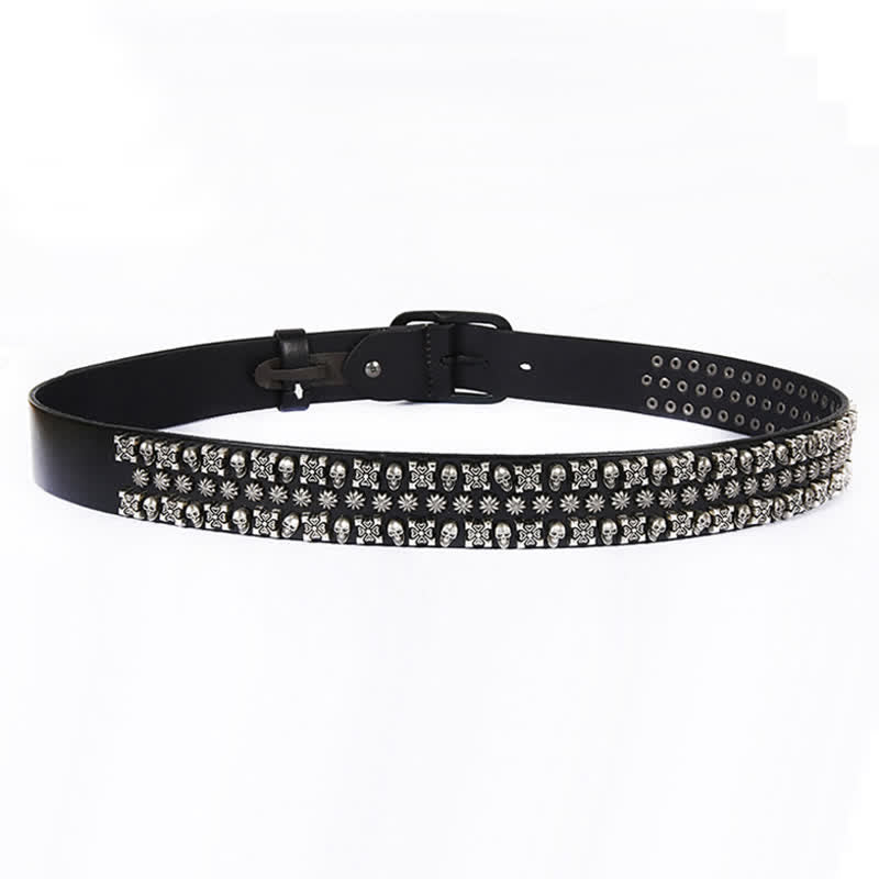 Skulls & Crossbones Three Row Stud Leather Belt