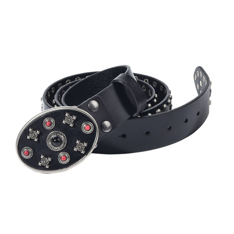 Resin Gemstone Engraved Floral Rivets Leather Belt