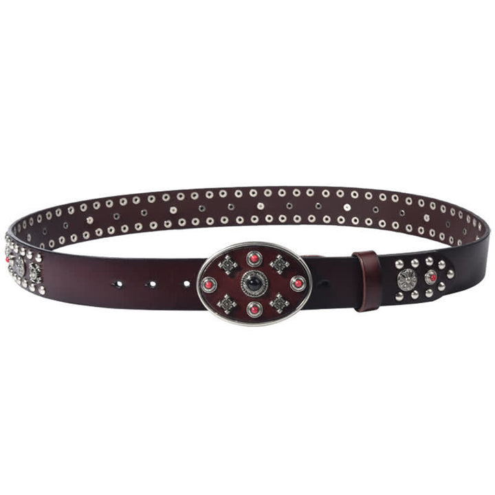 Resin Gemstone Engraved Floral Rivets Leather Belt