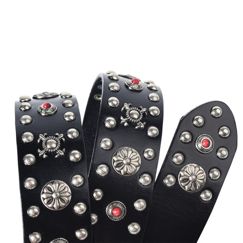 Resin Gemstone Engraved Floral Rivets Leather Belt