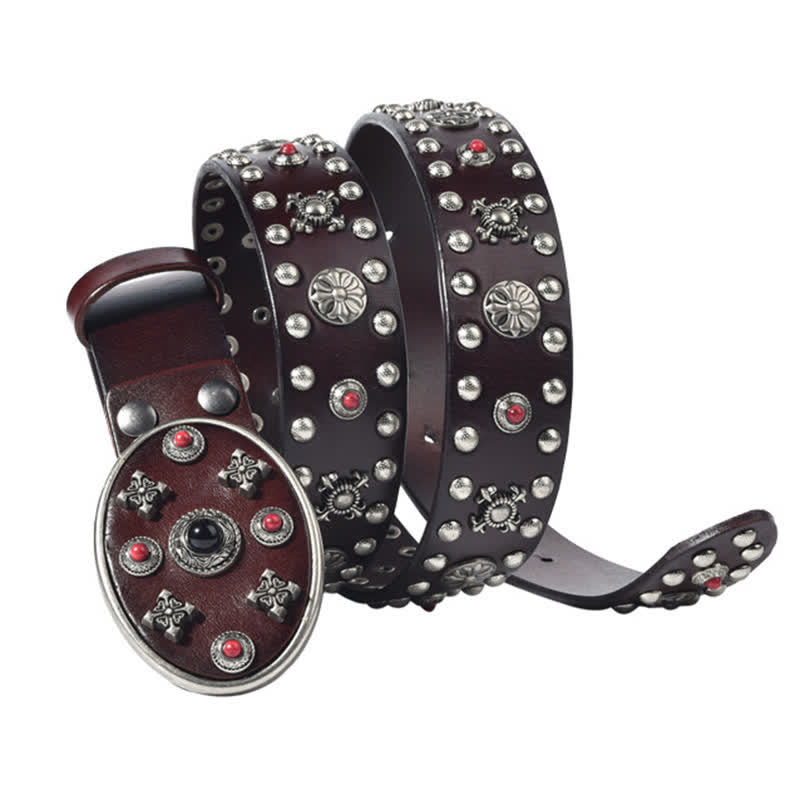 Resin Gemstone Engraved Floral Rivets Leather Belt