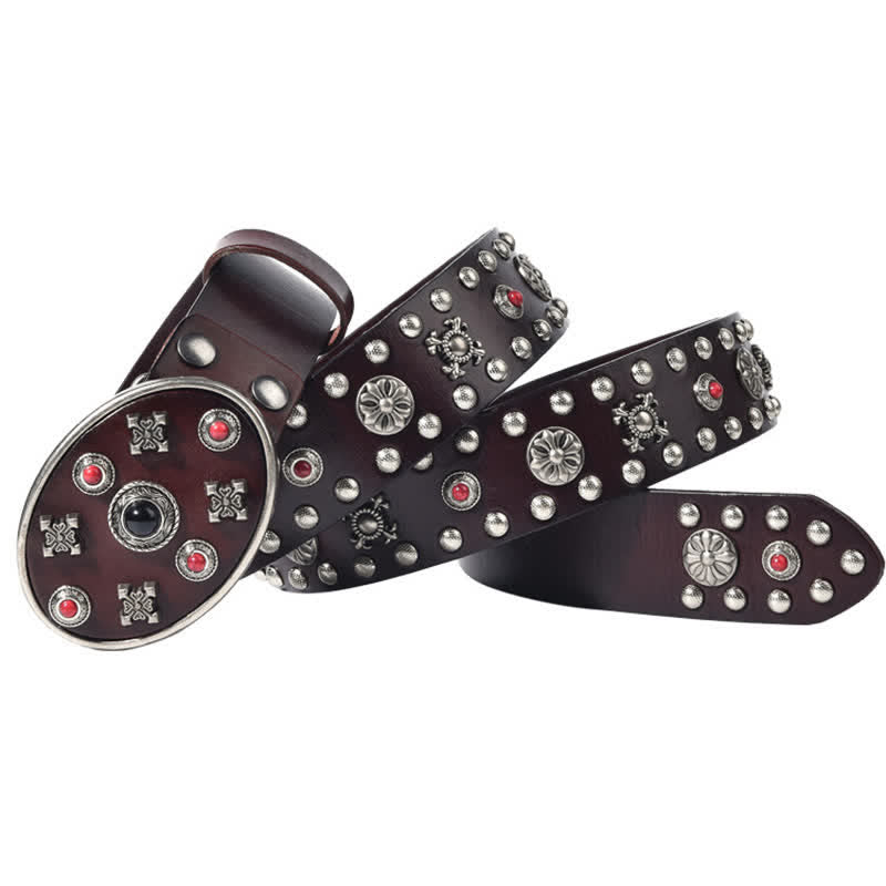 Resin Gemstone Engraved Floral Rivets Leather Belt