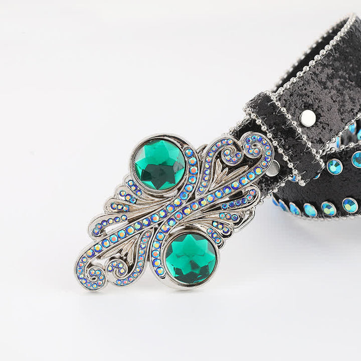 Women's Retro Green Rhinestone Rivets Leather Belt