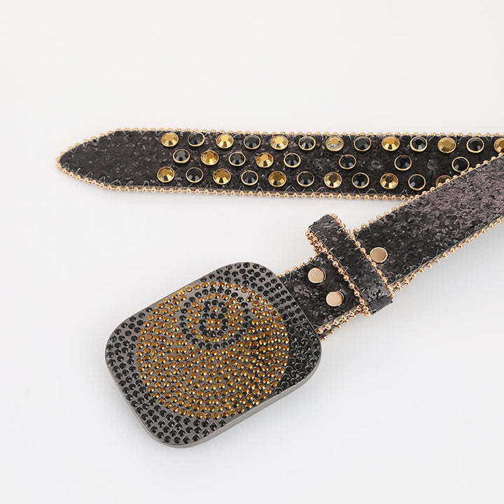 Women's Gold & Black Rhinestone Shiny Rivets Leather Belt